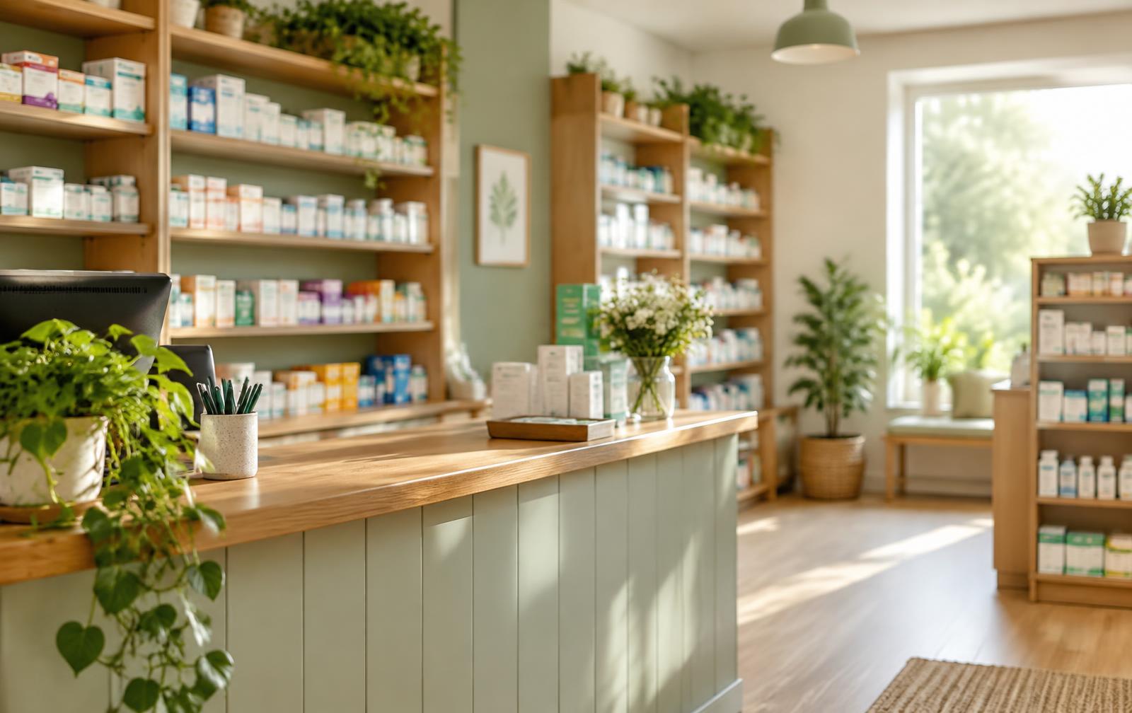 Warm, sunlit pharmacy counter with shelves of medicines and plants